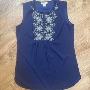Coldwater Creek Navy Blue Embroidered Sleeveless Tank Top Medium